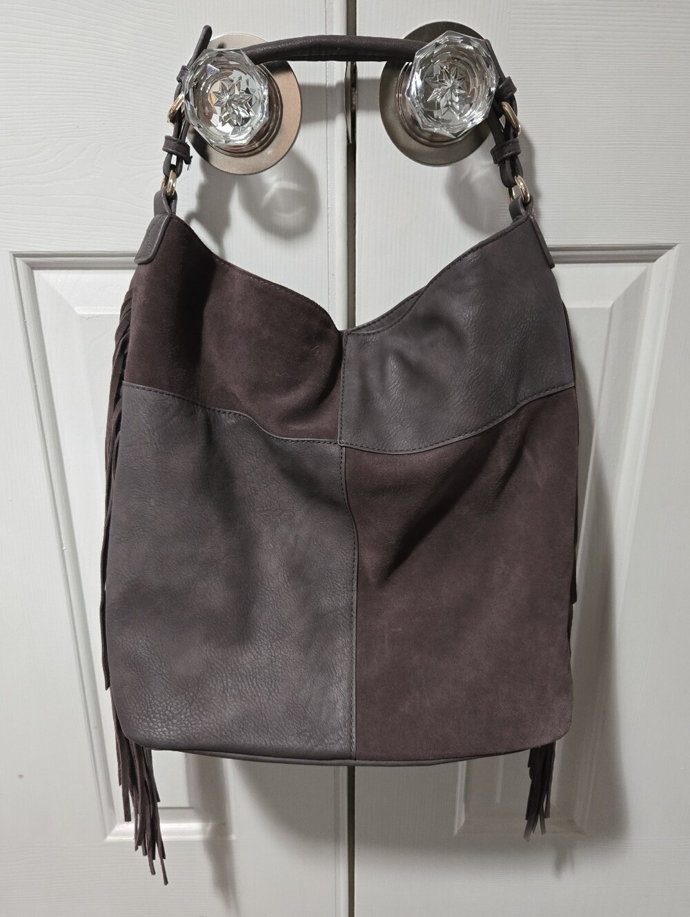 Moda Luxe Fringe Two-Tone Dark Brown Suede & Leather Hobo Bag
